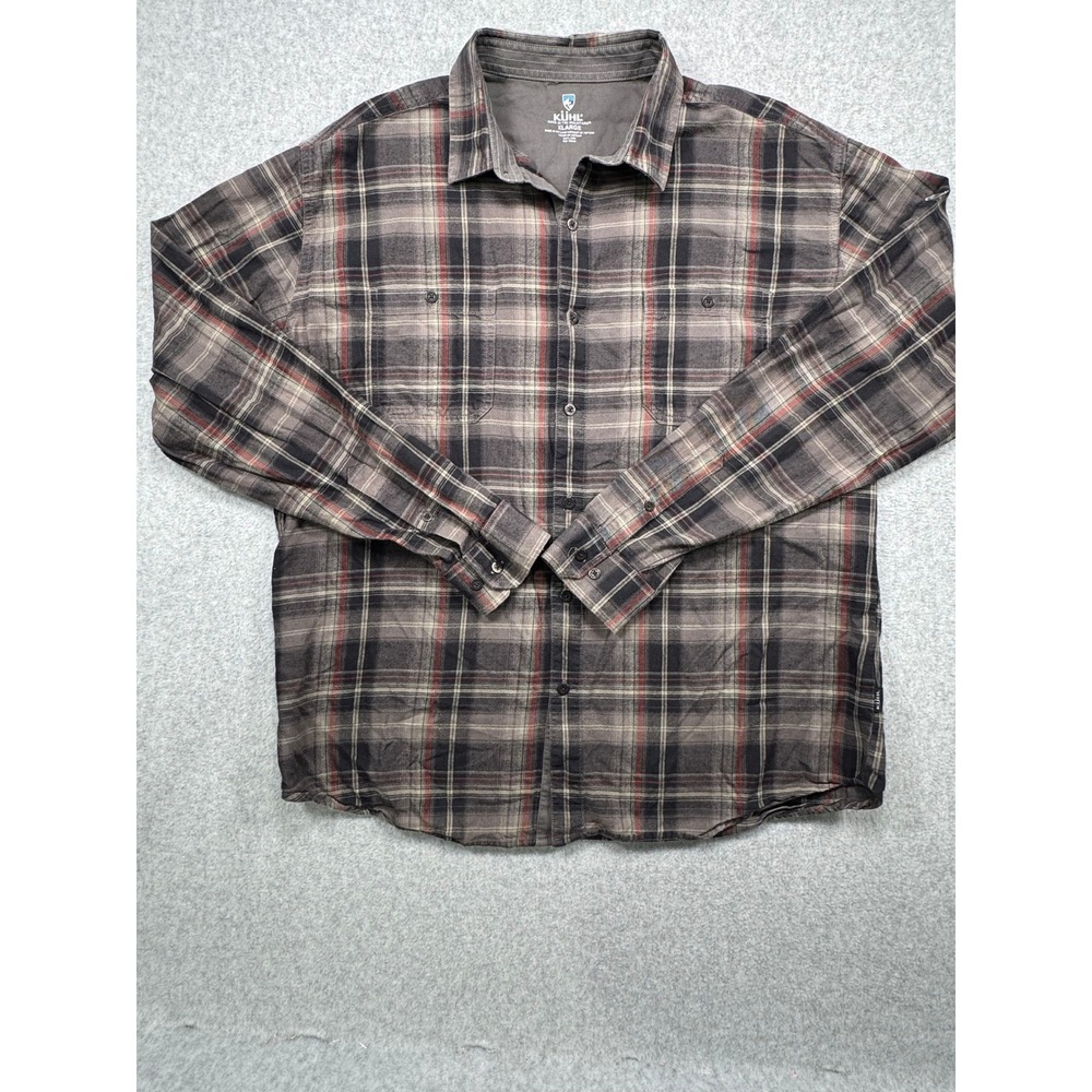 Kuhl Mens XL Plaid Flannel Long Sleeve Button Down Shirt Grey Black Red Outdoor